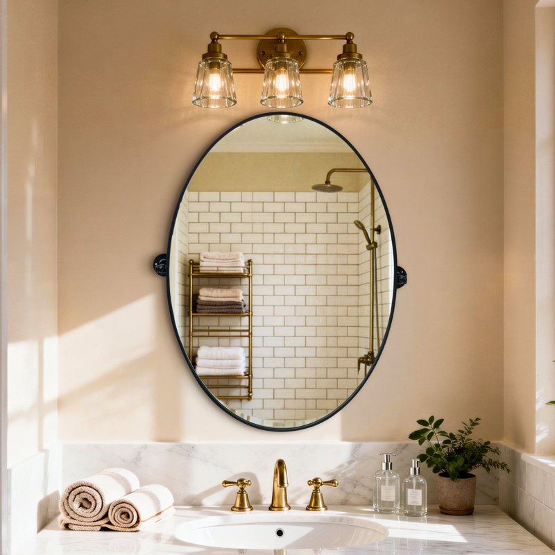 20”x28” Black Metal Framed Pivoting Bathroom Vanity Mirror Tilting Oval Mirror, 27.56" H x 19.68" W, Oval