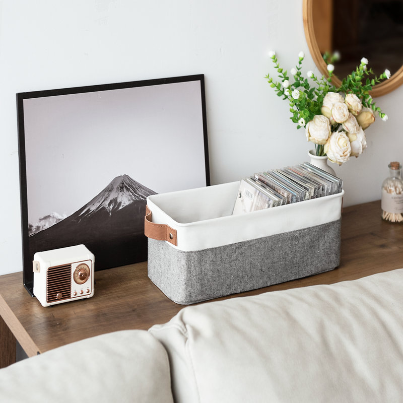 Petits bacs de rangement étroits avec poignée, petit panier de rangement en tissu pour placard et tablette, gris / blanc