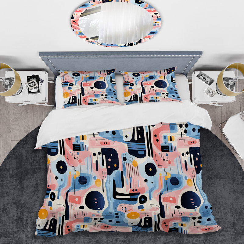 Ensemble de housse de couette bleu et rose Mid-Century, Housse de couette pour très grand lit et 2 très