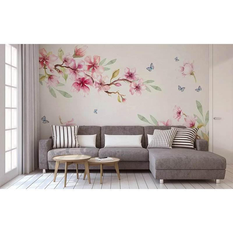 Murale asiatique à fleurs et fleurs de cerisier Somerdale, L 106 po x l 187 po