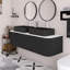 Meuble-lavabo mural de 60 po de couleur grain de bois avec bords arrondis et conception rayée, armoire de rangement avec 2 tiroirs, 2 lavabos rectangulaires en céramique noire.-114658847