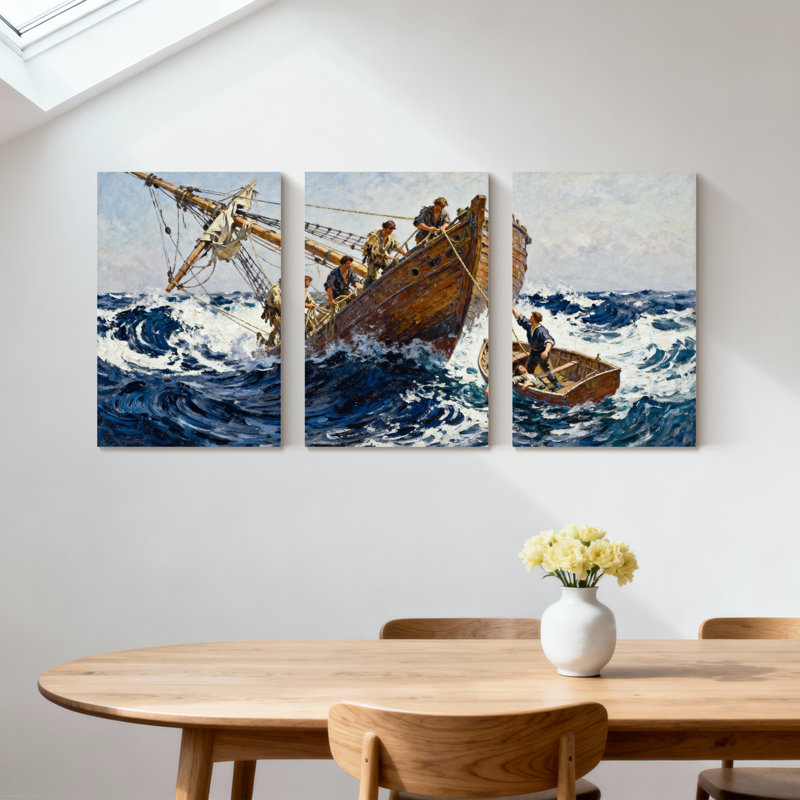 Nautique, voilier, mer agitée, équipage de bateau, vagues, ensemble de 3 peintures sur toile, H 24 po x l 48 po