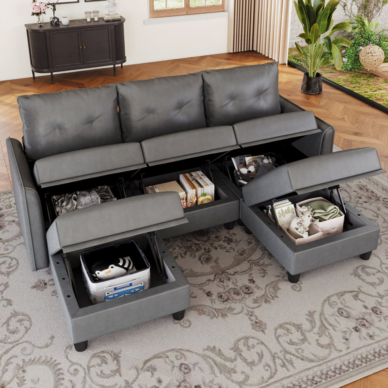 Canapé modulaire en U rembourré 5 pièces avec rangement Tomario, Polyester gris