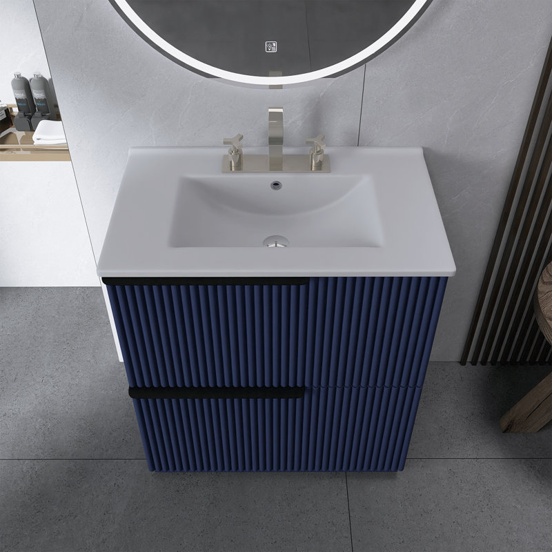 Meuble-lavabo autoportant de 30 po avec lavabo en céramique, Bleu