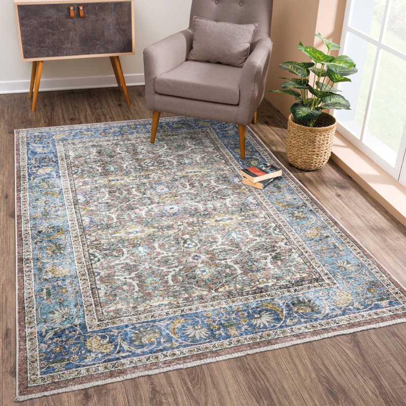 Washable Non-Slip Traditional Area Rug - Blue / Red / Brown Rug for Entryway, Hallway, Bathroom, and Kitchen