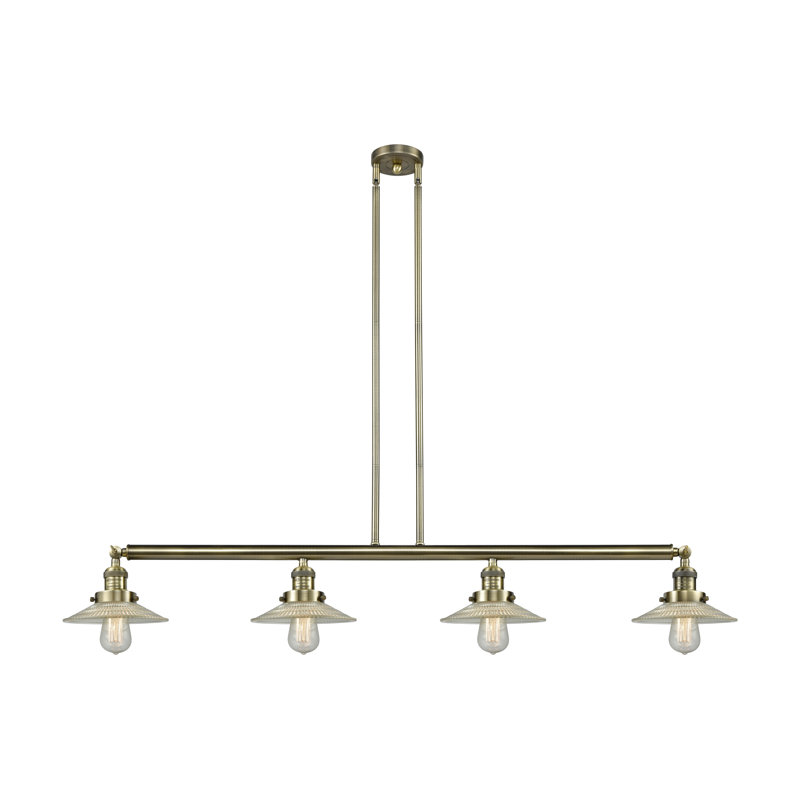 Halophane - 4 lumières - 53 pouces - Laiton antique - Tige suspendue - Îlot réglable, Transparent, Clear, Laiton antique