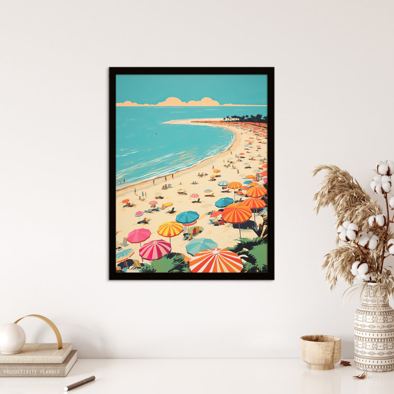 Sun Sand Sea Cove Busy Beach Coastal Landscape Bright - Single Picture Frame Print