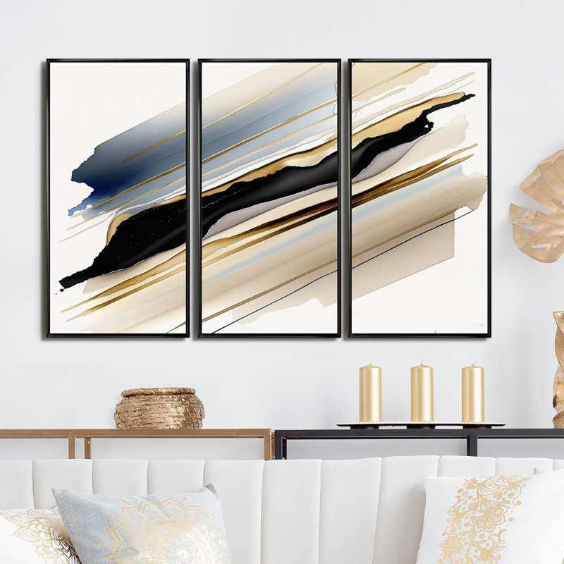 «Black and Gold Cubic Expression X», reproduction de 3 pièces sur toile, H 28 po x l 36 po x P 1 po, Cadre flottant noir