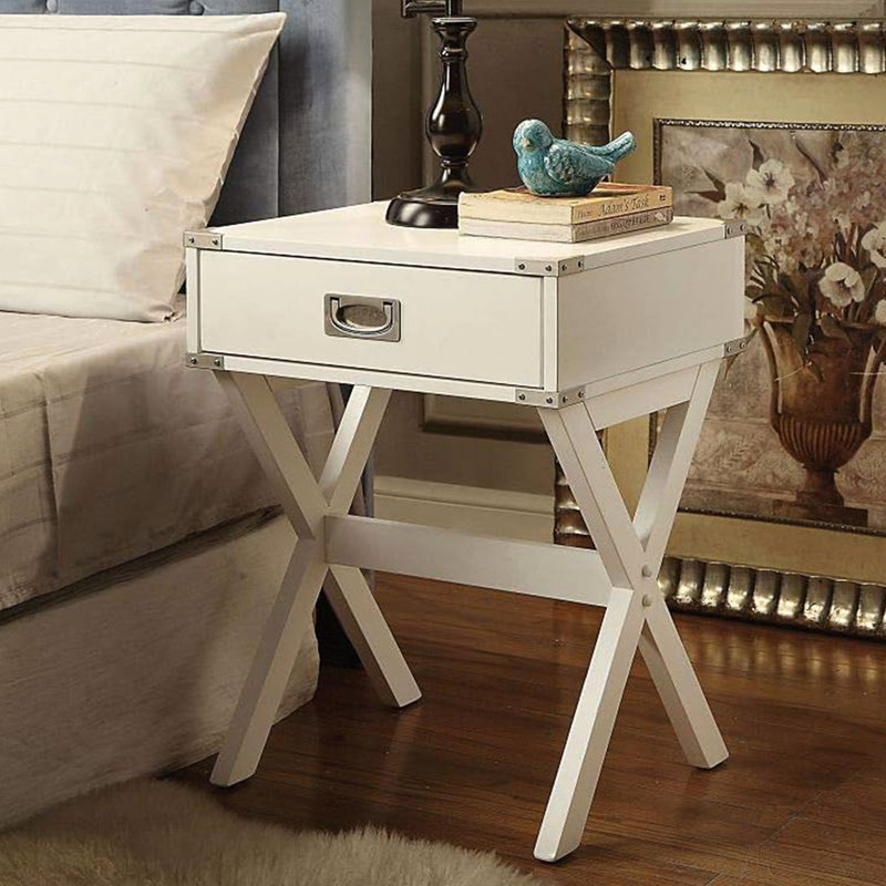 Table d'appoint carrée blanche, coins en métal, plateau en bois, plateau en bois, base en forme de X, barre transversale, tiroir 15 po x 9 po x 3 po, plateau coulissant 15 po x 9 po x 3 po