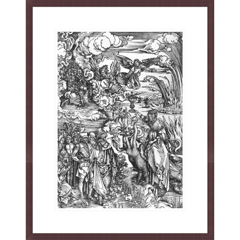 Scène de l'Apocalypse, la grande pute babylonienne (gravure sur bois) (photo en noir et blanc) par Albrecht Dürer, impression giclée encadrée