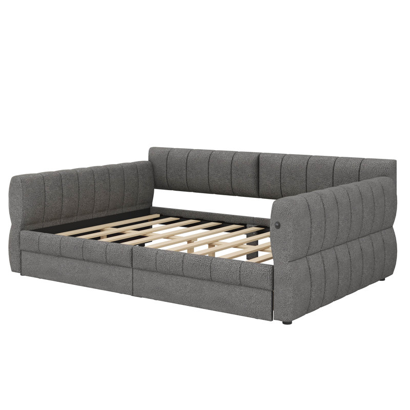 Queen-Sized Upholstered Platform Bed Equipped With USB Ports And Drawers, Gray