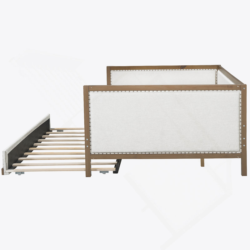 Full Size Upholstered Daybed with Trundle and Nailhead Decoration, Wood Color