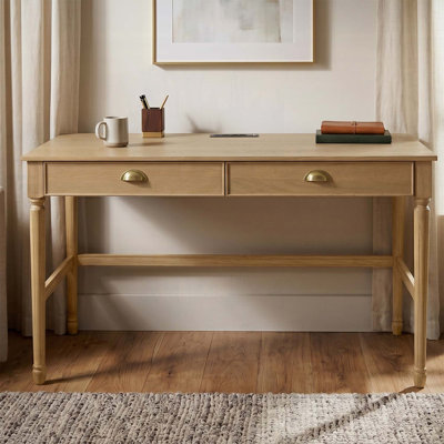 60-Inch Home Office Desk with Built-In Power Station and Storage, Multi-Functional for Work and Study, Natural Wood Finish