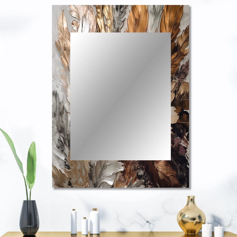 Plume dorée Extravaganza IV - miroir de plumes glamour, miroir mural doré unique, impression d'art en métal, 40 po x 30 po