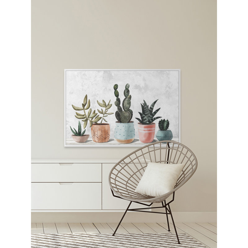 Succulent Pastel Pots by Parvez Taj - Floater Frame Painting on Canvas, 61cm H x 91cm W