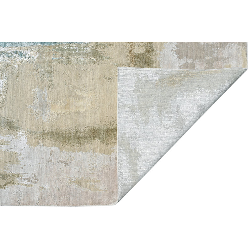High-Quality Hand-Knotted Beige And Green Area Rug, Beige And Green, Rectangle 10' x 14'