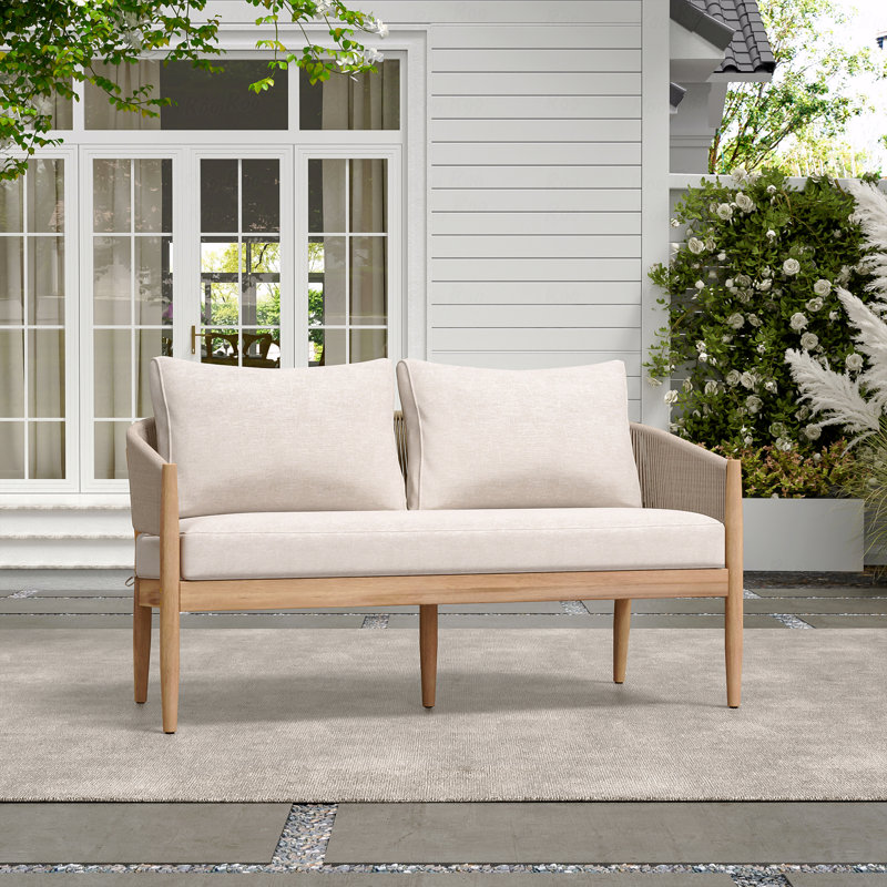 Outdoor Patio Loveseat, Acacia Wooden Natural Finish With Wood Cushion, Natural/Gray