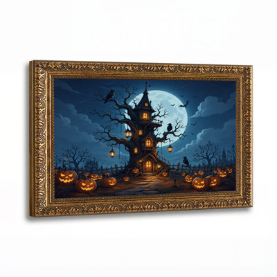 Haunted Treehouse With Glowing Pumpkins Under Halloween Canvas Wall Art