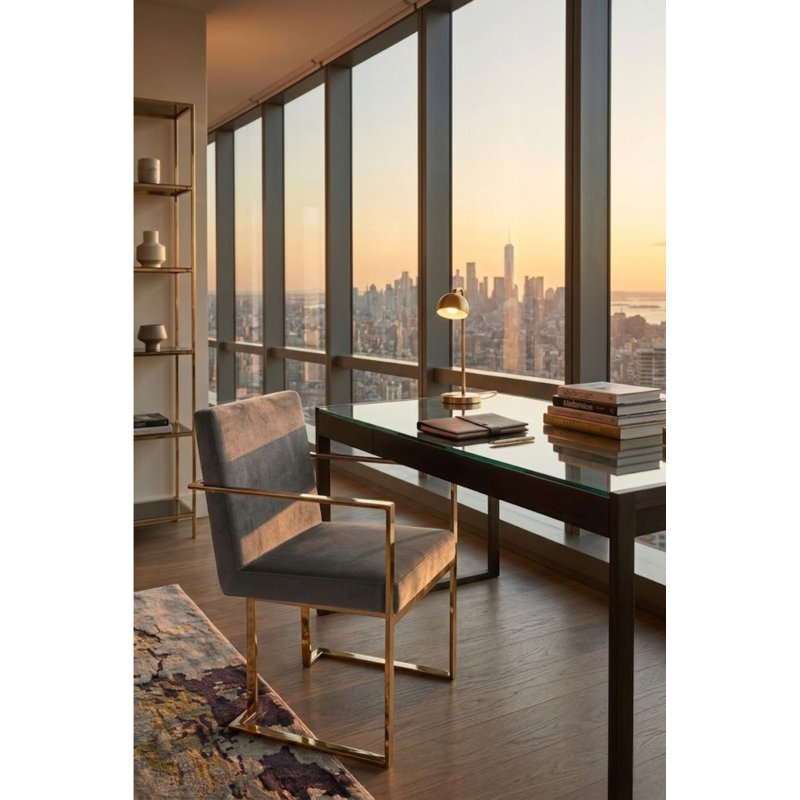     Pangea Home Dexter Upholstered Modern Velvet Arm/Dining Chairs – Indoor Arm Chairs with Gold or Silver Steel Legs- Dining Room, Bedroom, Living Room Chair - Gray Velvet with Gold Legs