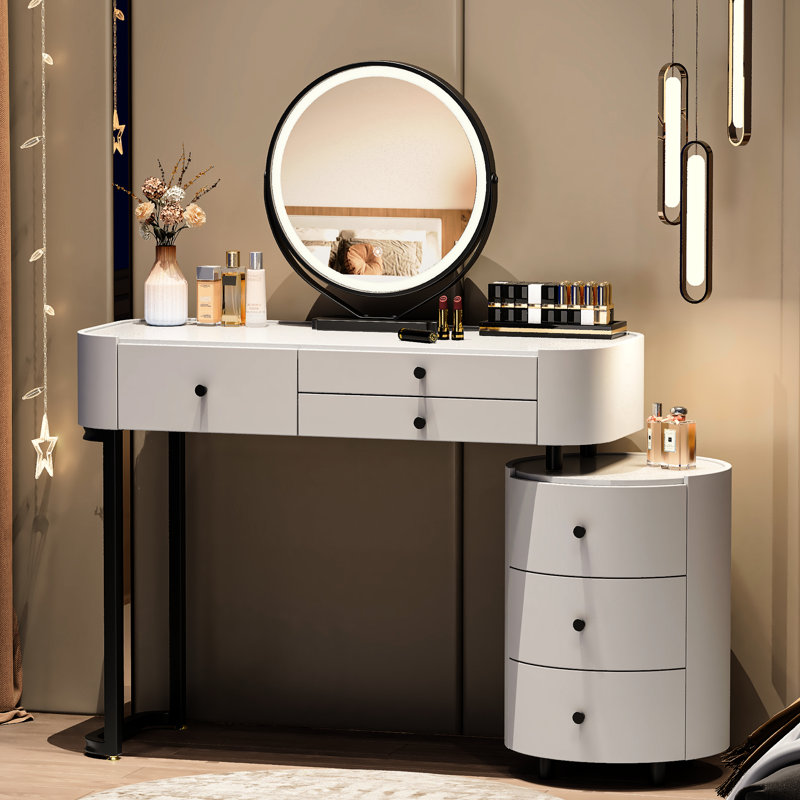 Meuble-lavabo à miroir détachable, minimaliste moderne avec éclairage tricolore, trois tiroirs principaux et latéraux, armoire latérale rotative, réglable pour l'espace de la chambre à coucher, meuble-lavabo en métal noir