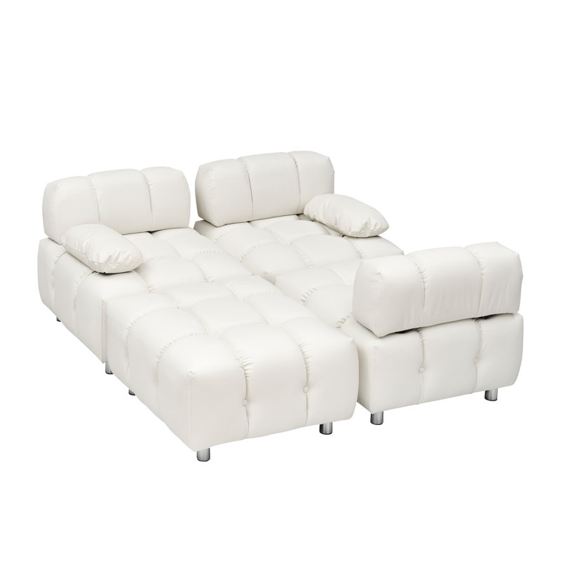 Canapé capitonné capitonné, Cuir blanc, H 27,56 po x l 89 po x P 33,46 po