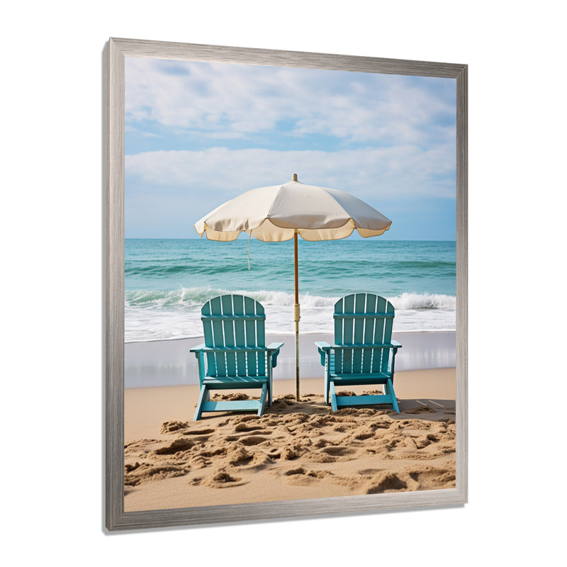 «Beach Chairs Scenery III - Coastal Beach», art mural sur toile, Cadre simple argenté, H 20 po x l 12 po x P 1 po