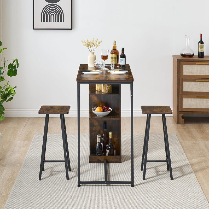 36In Small Dining Table Set, Kitchen Table And Stool Set, 3-Piece Small Dining Table Set With Storage Shelf, Small Dining Table, Space Saving Table For Small Apartment, Black