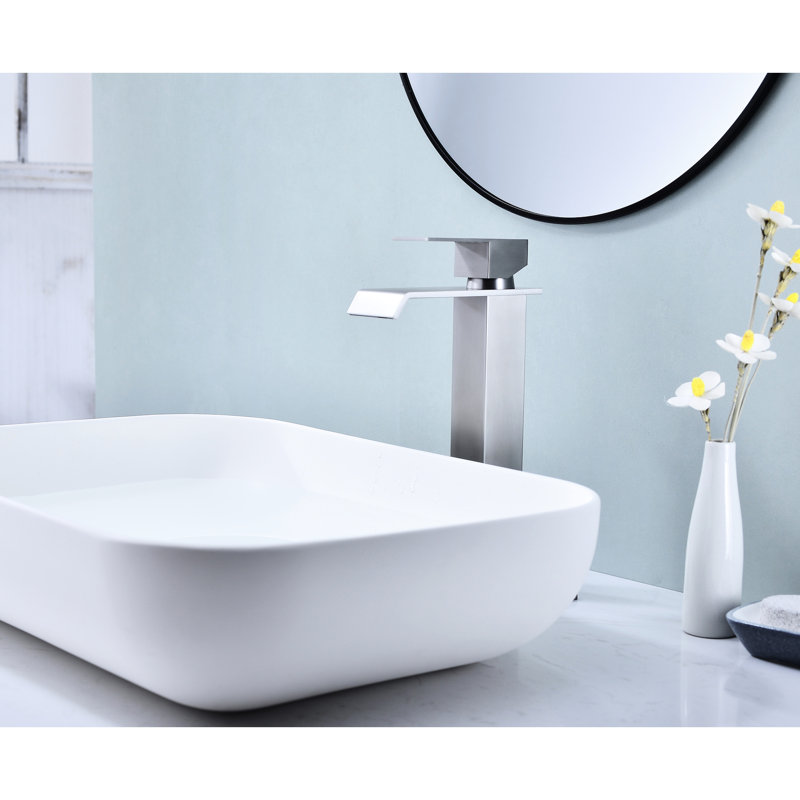 Bathroom Sink Faucet With Waterfall Stream And Finish Stainless Steel Spout For Easy Adjustment, Brushed Nickel