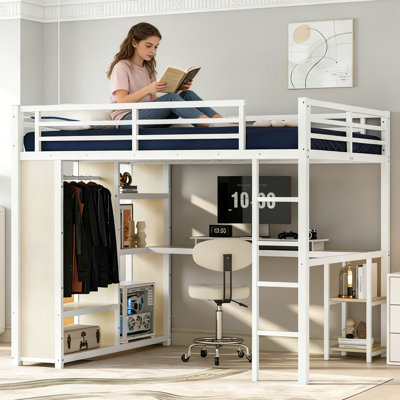 Structure de lit mezzanine en métal pour grand lit avec garde-robe intégrée, bureau et tablettes de rangement, aucun sommier nécessaire, grain droit blanc, peu encombrant pour les chambres et les dortoirs
