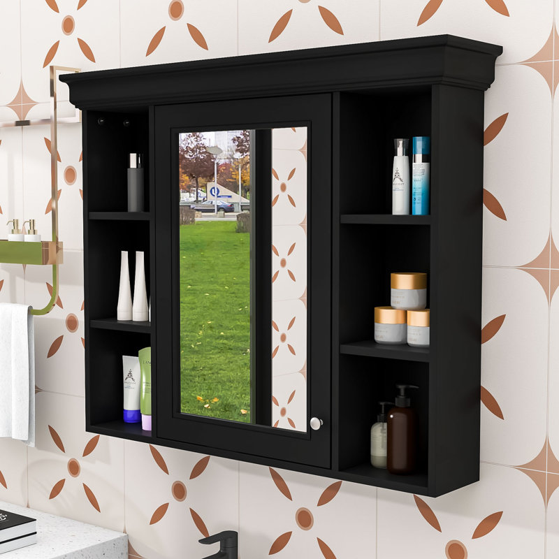 Armoire à pharmacie murale avec miroir et tablettes de rangement pour salle de bain Xyliah, Noir