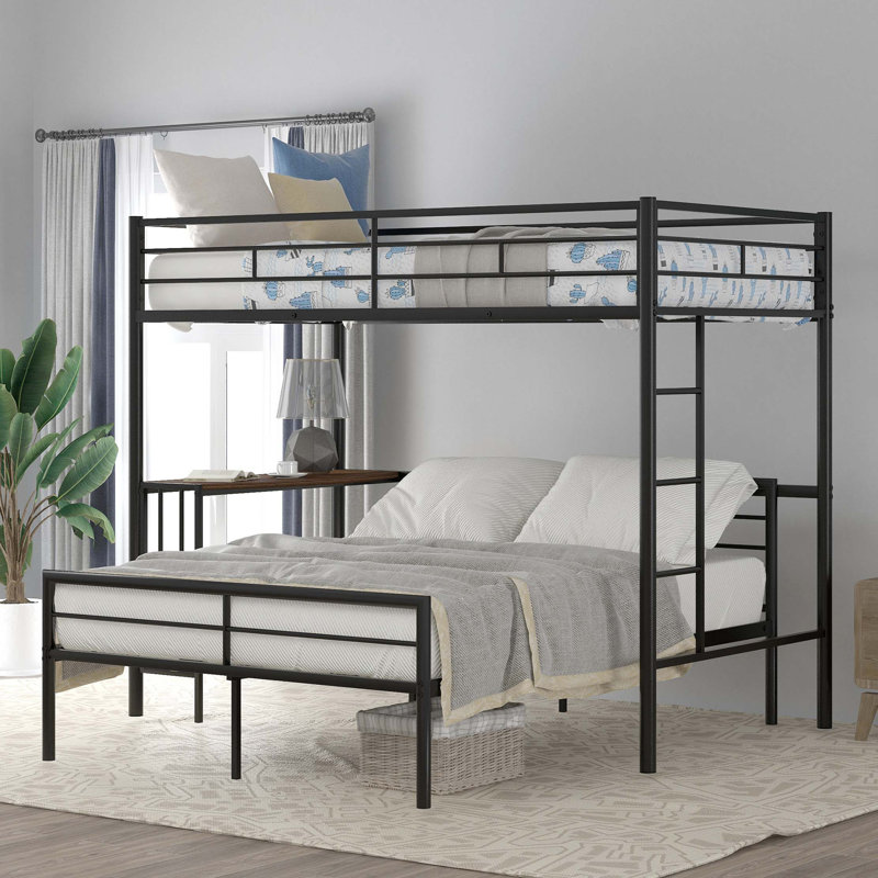 Lit superposé simple au-dessus d'un lit double en métal avec bureau, lattes robustes