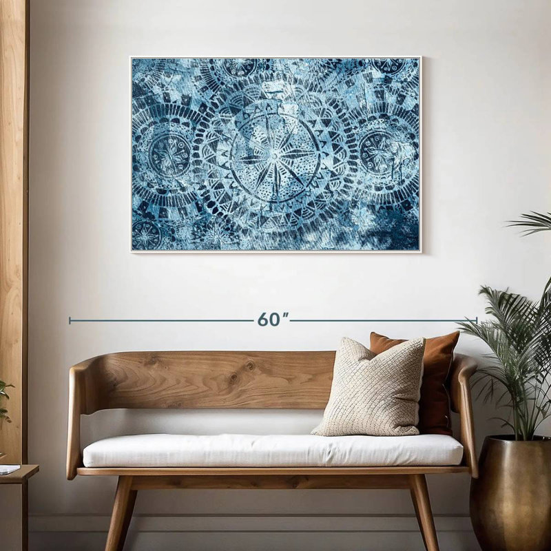 Mandalas tribaux bleus, Cadre flottant blanc, 43 po x 29 po