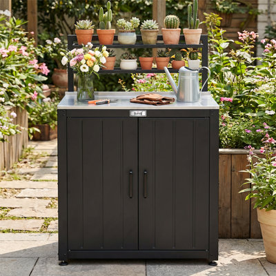 Feasto 31" Steel Potting Bench with Stainless Steel Top and Adjustable Levelling Feet, Multi-purpose Outdoor Storage Cabinet with 2-Tier Shelf for Garden, Patio, Garage