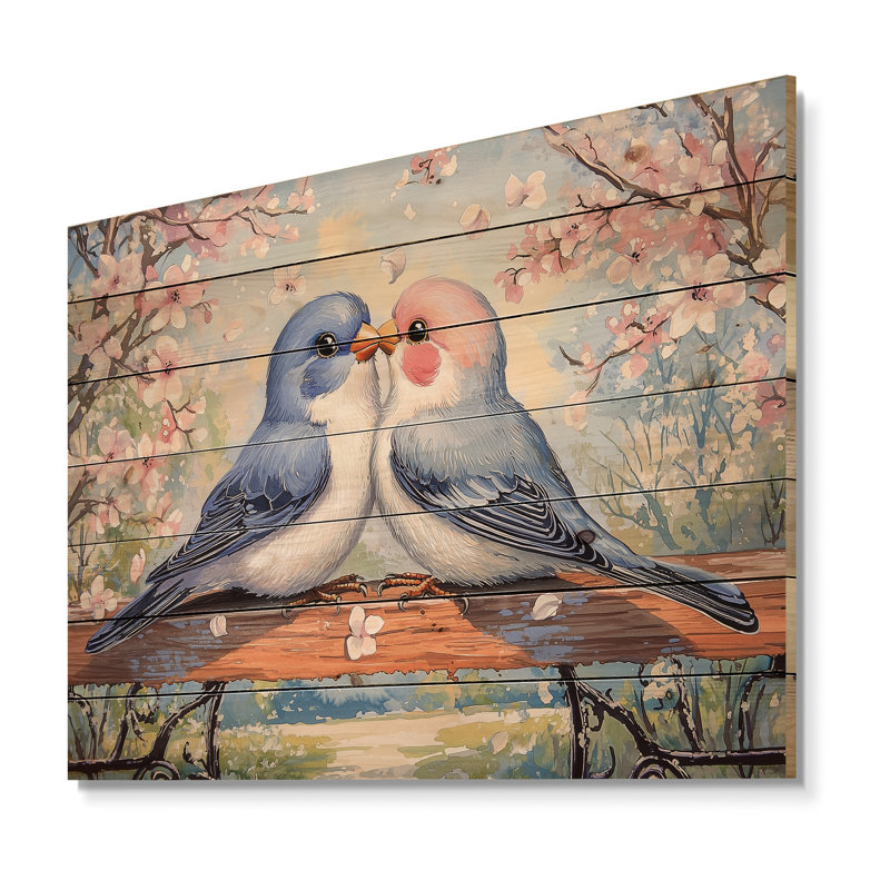 «Love Birds Springtime Blooms II», art mural en bois d'oiseau sur bois de pin naturel, H 34 po x l 44 po