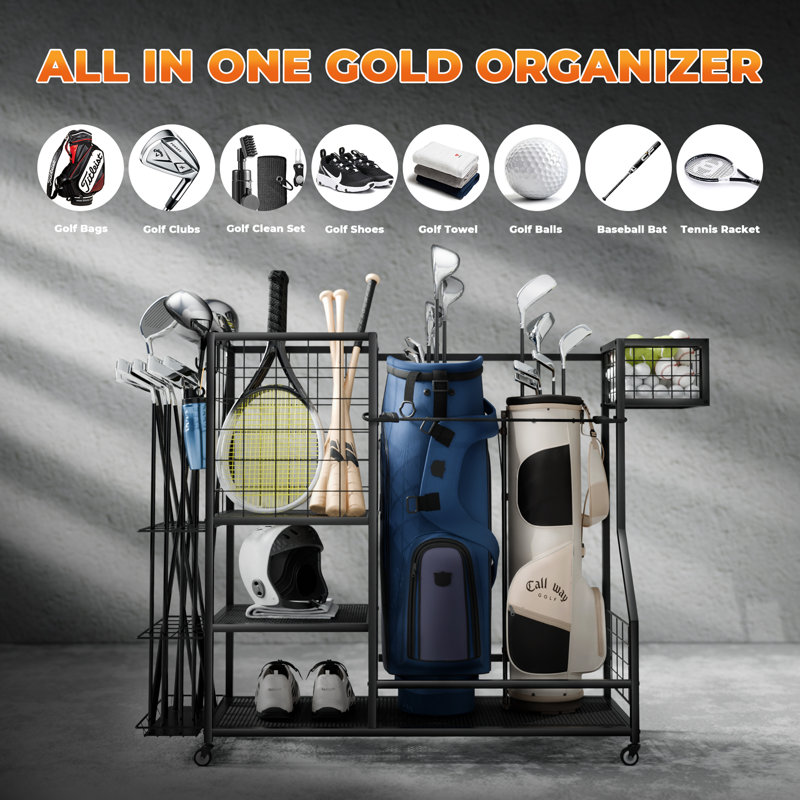Rangement de rangement pour sac de golf, support pour sac de golf avec 2 paniers et roulettes, support pour sac de golf, support de club de golf supplémentaire pour accessoires d'équipement de golf
