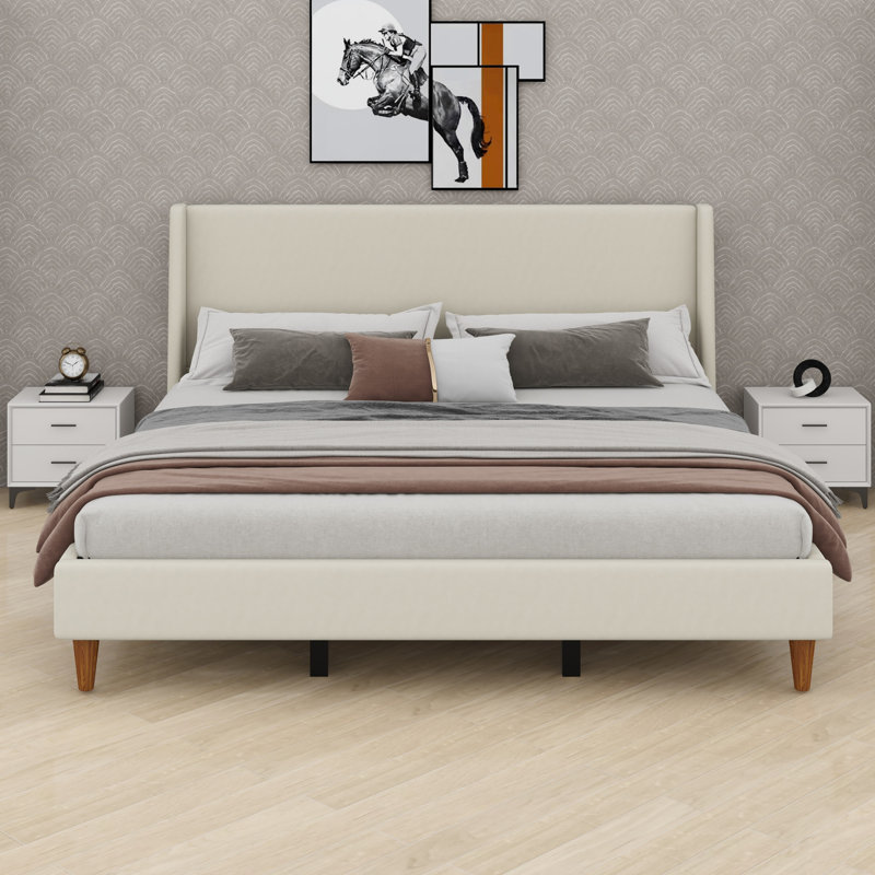 Lit plateforme moderne avec revêtement, conception à oreilles et pieds en bois, Beige