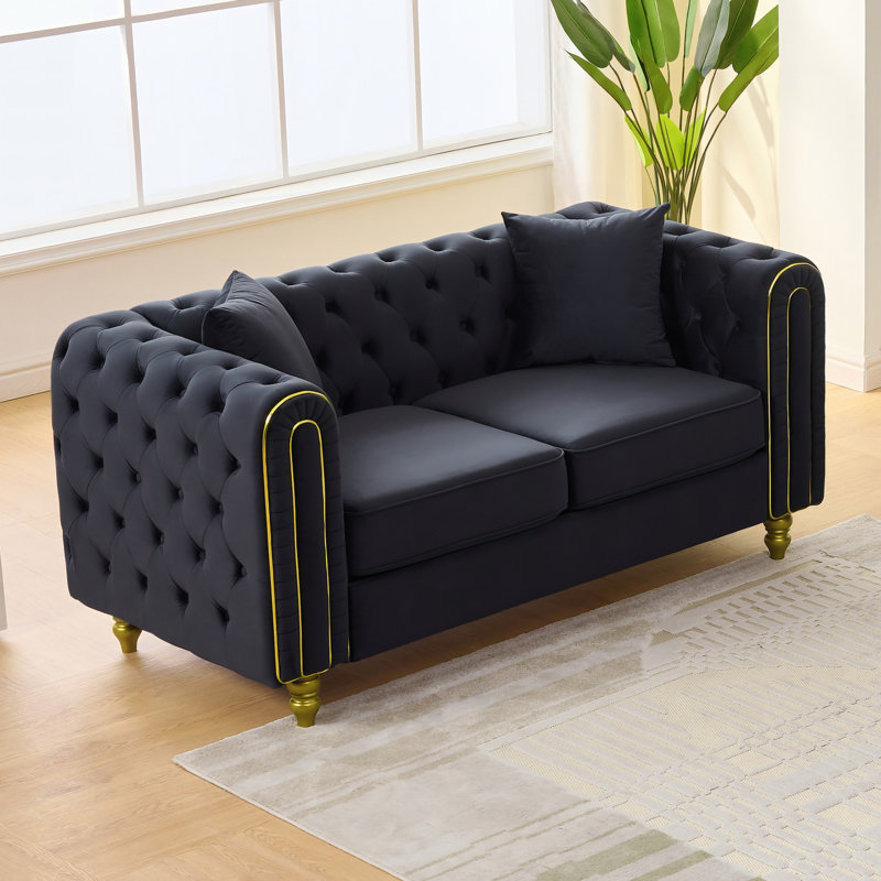 Canapé moderne 63 po, canapé 2 places, canapé confortable en velours à accoudoirs arrondis capitonnés et pieds dorés, Chesterfield pour espace de vie principal, noir