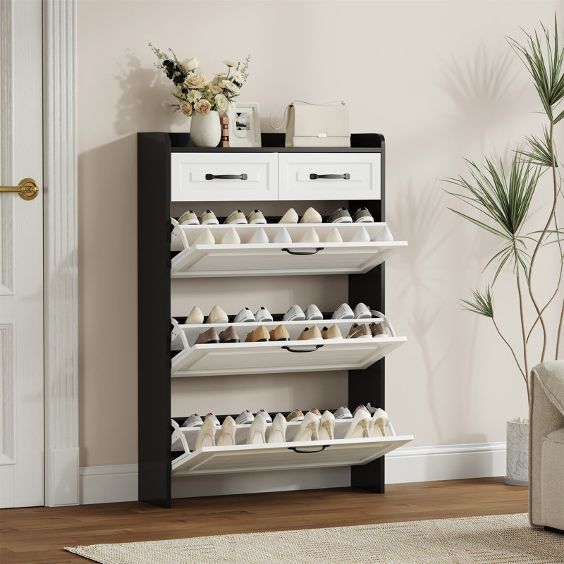 Armoire à chaussures 1250 de couleur noire avec 3 portes et 2 tiroirs, Noir / blanc