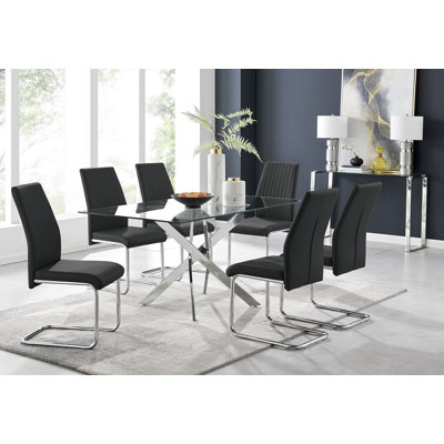 Lenworth Chrome and Glass Rectangular Dining Table Set with 6 Upholstered Faux Leather Chairs