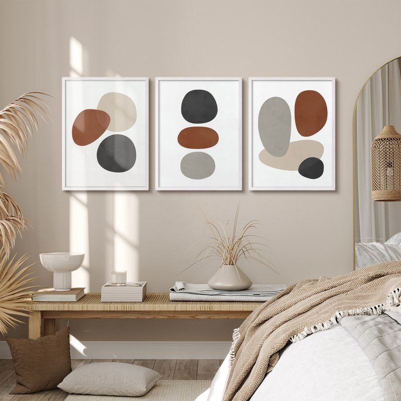 Ensemble de 3 reproductions d'art mural encadrées Minimal Neutral Pebble Shapes, H 14 po x l 11 po, Blanc
