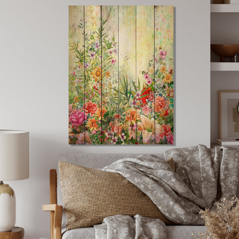 Fleurs de printemps rétro IV - peinture sur bois sans cadre, H 32 po x l 16 po x P 1 po