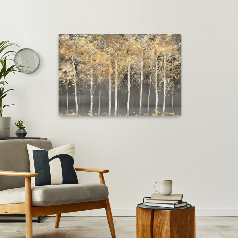 Forêt dorée abstraite sereine, art d'automne contemporain, H 24 po x l 36 po