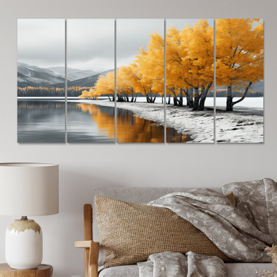 Monochromes jaunes et gris arbre symphonie II - paysage arbres art mural sur toile - 5 panneaux égaux