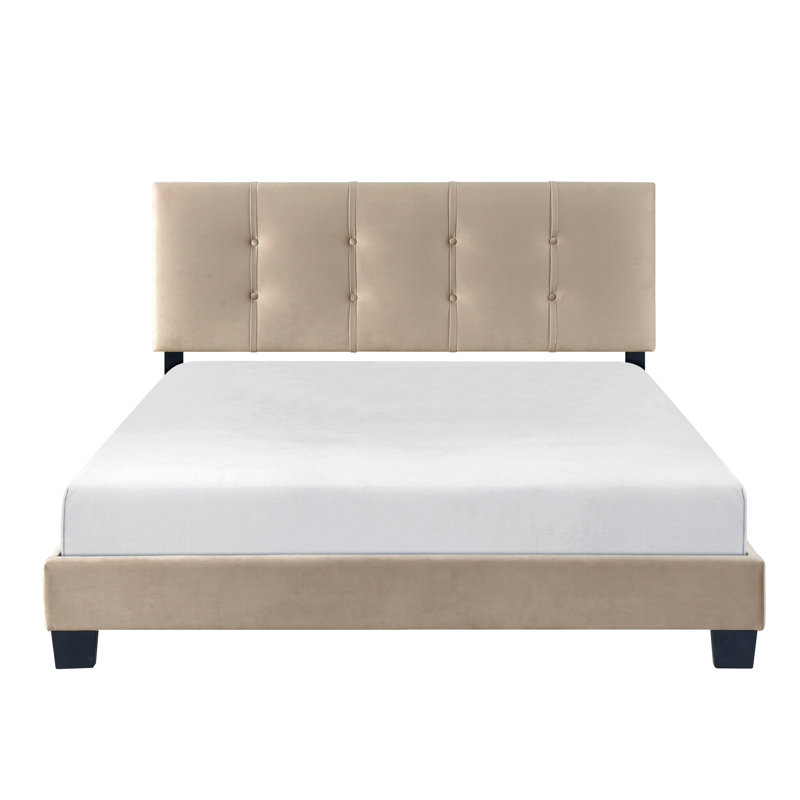 Grand lit en tissu d'ameublement en velours brun, lit plateforme tapissier avec tête de lit