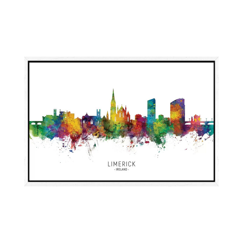 Limerick Ireland Skyline City Name by Michael Tompsett - Print on Canvas, White Floater Framed