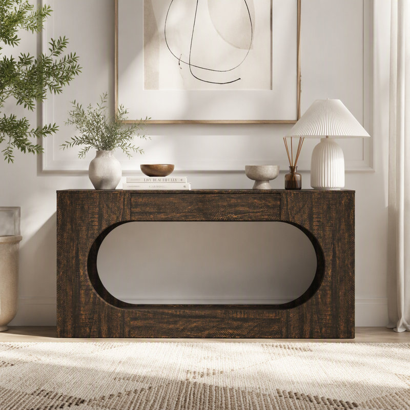 Console étroite avec tiroir et découpe creuse, maison de campagne moderne, Noyer
