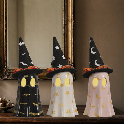Halloween Ceramic Ghost Figurines, Set of 3, 7.5-Inch Tall Ghost Statues with Witch Hats and Tealight Candles, Black White and Pink Tabletop Decor for Mantel Shelf