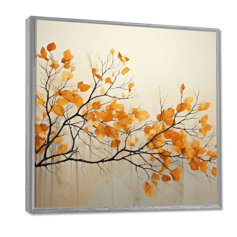 Amber Autumn Leaves - Art mural de feuilles pour le salon, H 16 po x l 16 po x P 1 po, Encadrement argenté