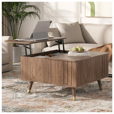 32" Square Lift-Top Coffee Table with Storage, Mid-Century Modern Coffee Table with Hidden Compartment for Living Room or Home Office, Walnut
