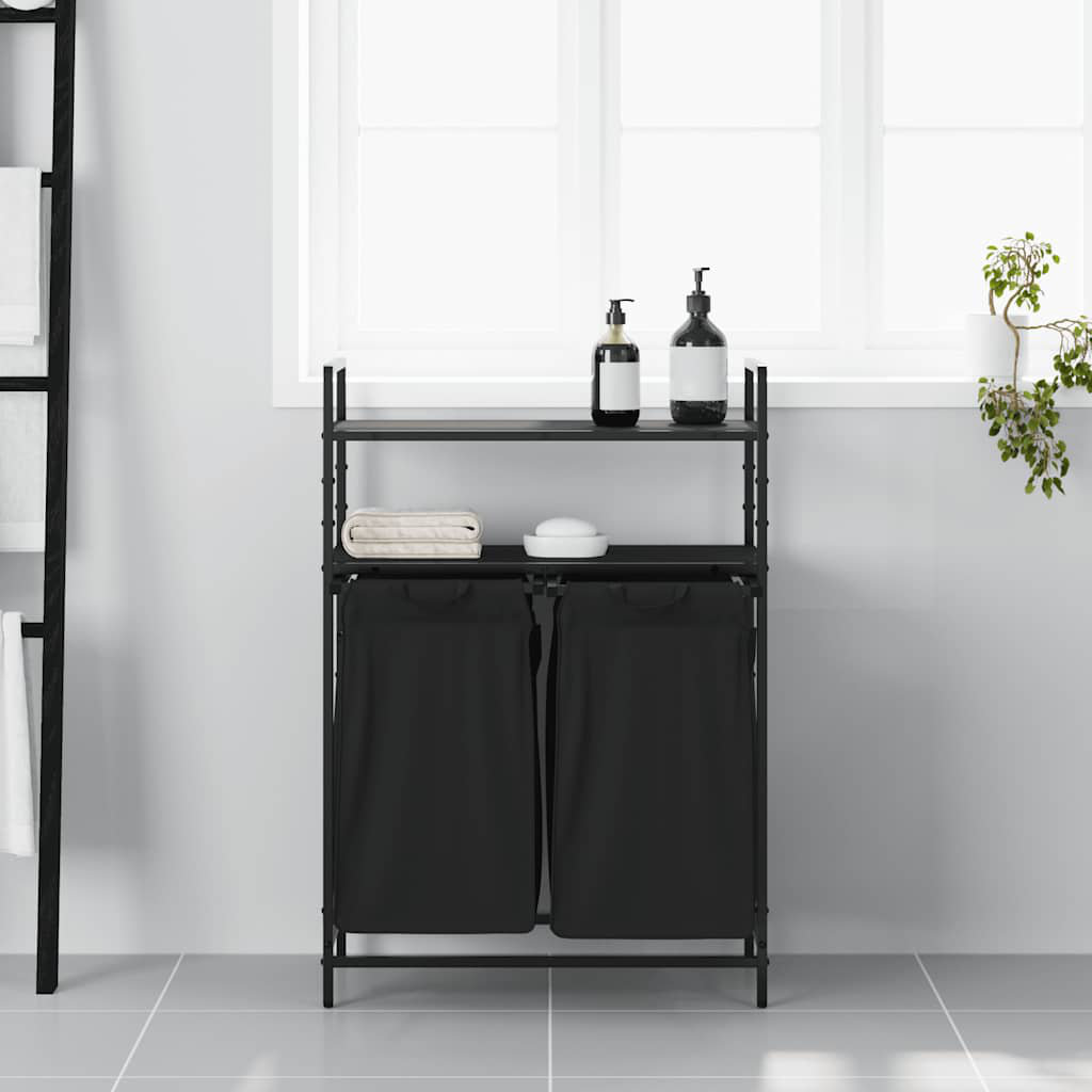 Vidaxl (Black Oak) Laundry Basket 2 Compartments With Shelves Black Oak Laundry Hamper - Image 2